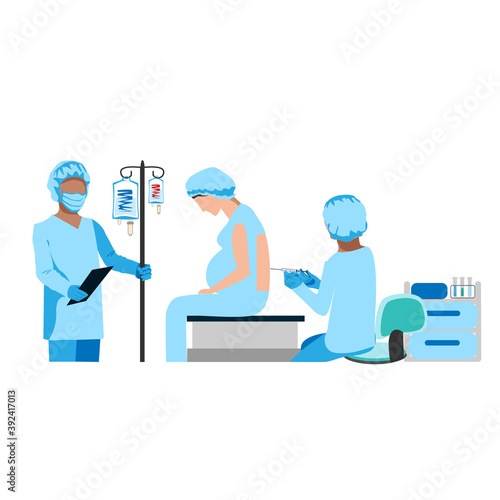 The doctor give an epidural in the operating room. Surgery. Obstetrics and gynecology. Thanks to the doctors and nurses. Vector illustration isolated on white background.