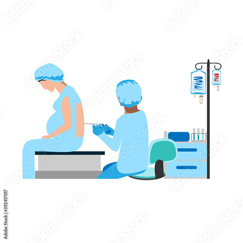 The doctor give an epidural in the operating room. Surgery. Obstetrics and gynecology. Thanks to the doctors and nurses. Vector illustration isolated on white background.