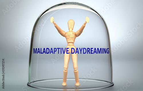 Maladaptive daydreaming can separate a person from the world and lock in - pictured as a human figure locked inside a glass with a phrase Maladaptive daydreaming, 3d illustration photo