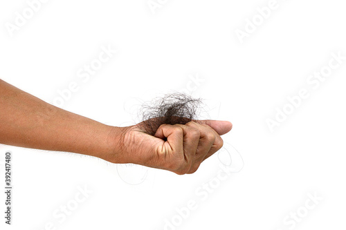 Hand hair loss, hair loss, serious problem of daily life, hair loss on white background.