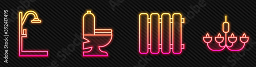Set line Heating radiator, Shower, Toilet bowl and Chandelier. Glowing neon icon. Vector.