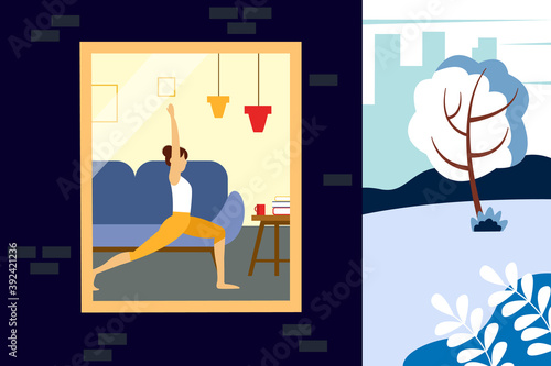 Woman doing yoga at home. Illustration of half a house and a street. Winter illustration in flat style.