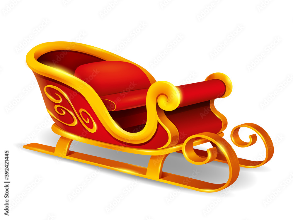 Christmas Santa Claus sleigh. Red and golden sleigh isolated on white background.