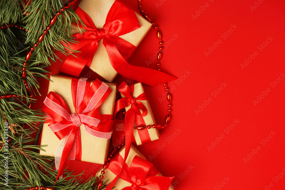 Bright New Year background with packed gifts Bright New Year background with packed gifts
