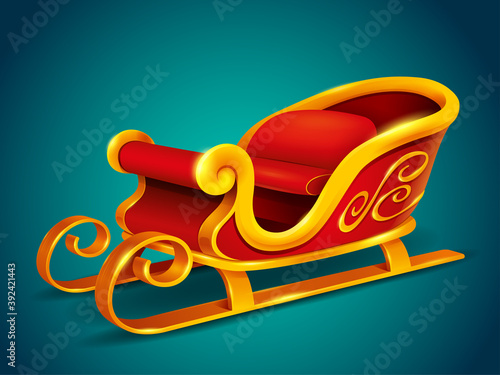 Christmas Santa Claus sleigh. Red and golden sleigh isolated on plain background.
