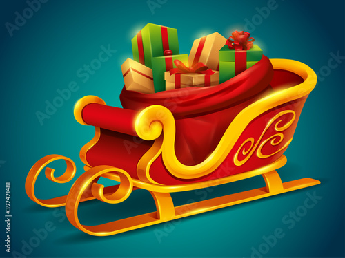 Christmas Santa Claus sleigh with sack bag loaded with gift box presents. Isolated.
