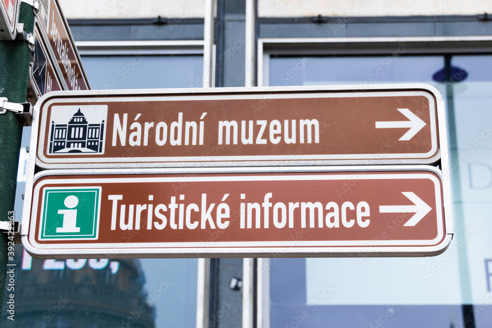 Tourist signs Prague Centrum EU