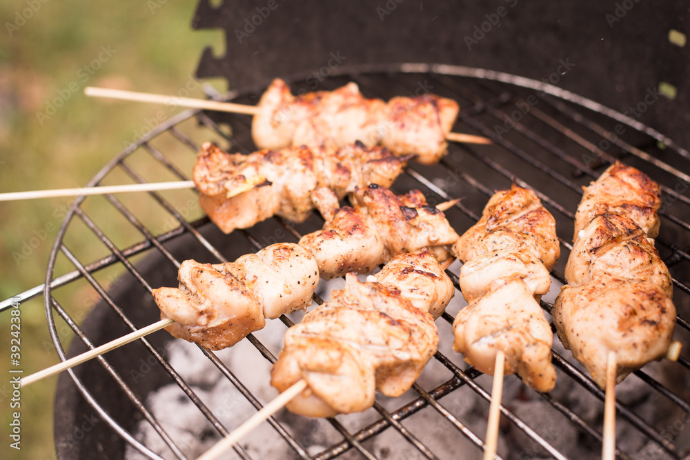 chicken meat on the grill outside