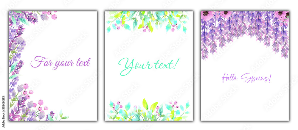 Watercolor illustration. A set of frames. Floral templates for text placement, creation, invitations
