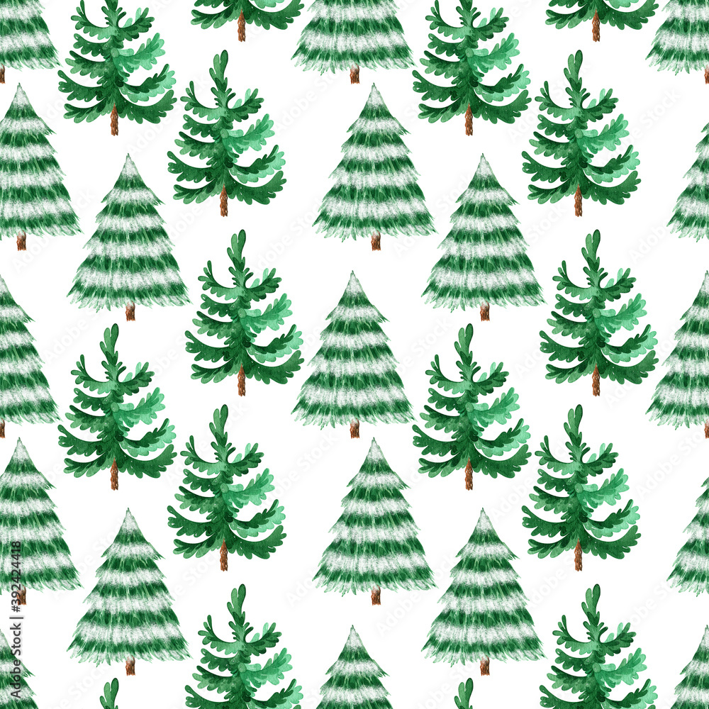 Watercolor Seamless pattern with Christmas tree and Snowman for winter holidays design, watercolor New Year illustration. Christmas paper for greeting card, scrapbooking, fabric.