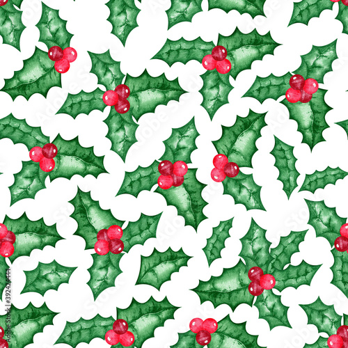 Watercolor Seamless pattern with Christmas Holly berry illustration. Decorative New Year illustration. Christmas paper for greeting card, scrapbooking, fabric