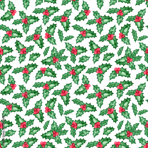 Watercolor Seamless pattern with Christmas Holly berry illustration. Decorative New Year illustration. Christmas paper for greeting card, scrapbooking, fabric
