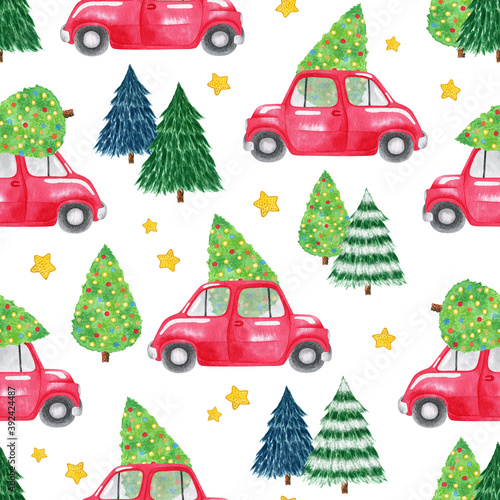 Watercolor Christmas red truck seamless pattern. New year background, Christmas tree, wrapping digital paper, textile pattern with Christmas red car.