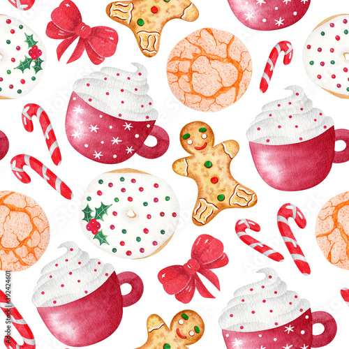 Watercolor Hand drawn colorful seamless pattern with Christmas elements. Xmas and winter holidays. Pattern for greeting card, fabric, wrapping paper.