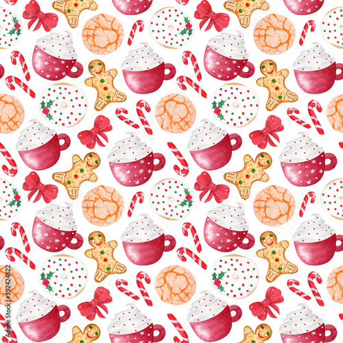 Watercolor Hand drawn colorful seamless pattern with Christmas elements. Xmas and winter holidays. Pattern for greeting card, fabric, wrapping paper.