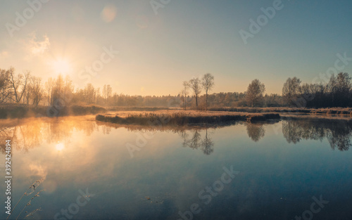 Sunny frosty morning on a foggy swamp. Soft focus. © sablinstanislav