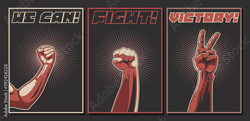 We can! Fight! Victory! Propaganda Posters Style Illustration Set, Hand Gestures