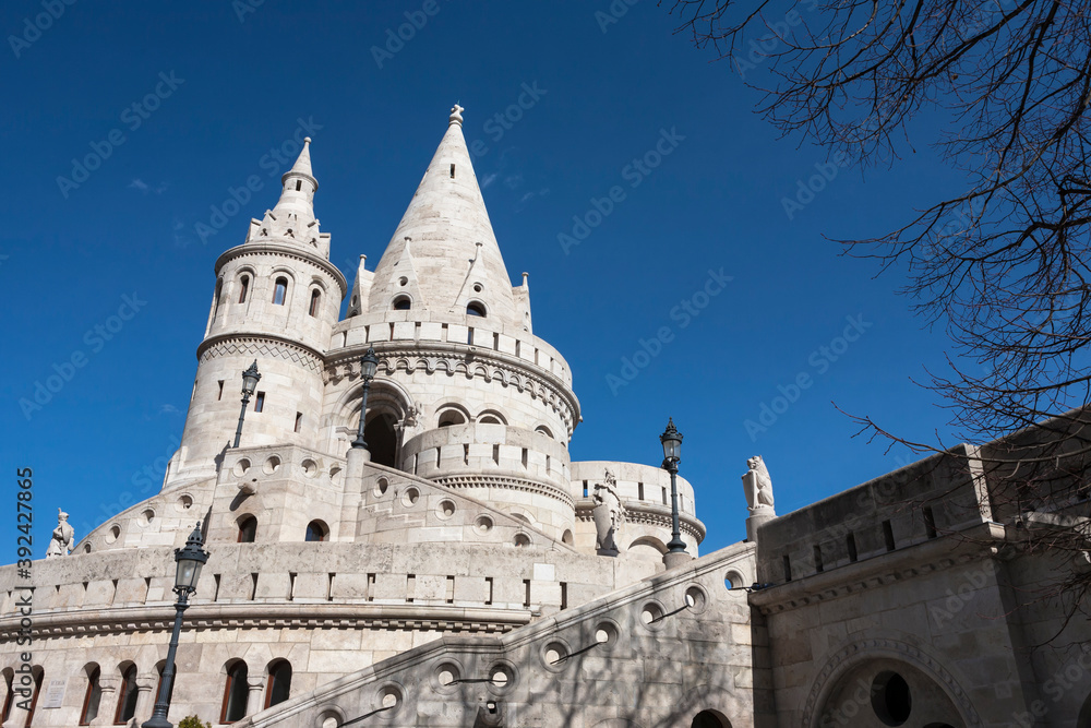 The 19th century Fishermen's Bastion (Halászbástya), Castle Hill, Budapest, Hungary: one of the city's most important tourist attractions 