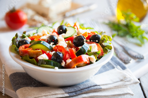 Greek salad with vegetables and feta cheese, healthy vegetable meal