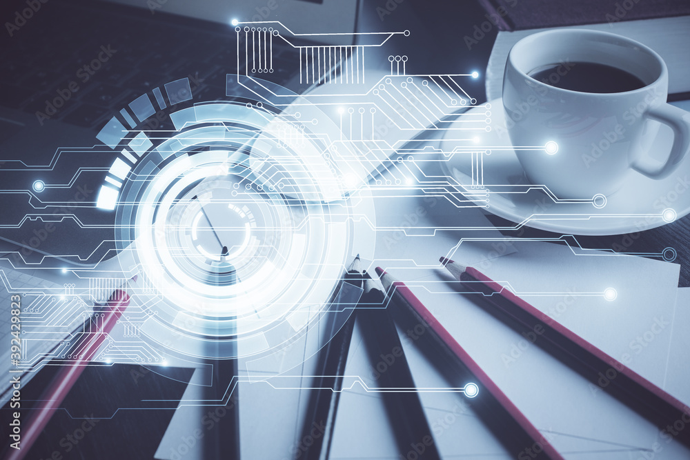 Naklejka premium Double exposure of desktop with computer on background and tech theme drawing. Concept of big data.