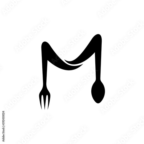 Music and restaurant logo concept, music note with spoon and fork, simple flat logo template in black color