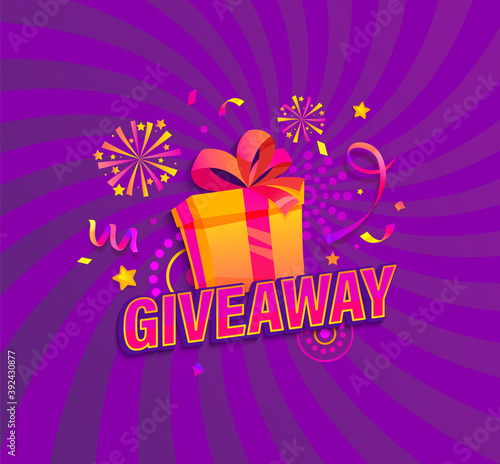 Giveaway banner, Win poster with gift box with prize to winner. Template design for social media posts, web banners on sunburst background. Offer reward in contest, vector illustration.