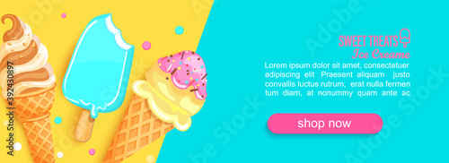 Sweet shop horizontal banner with ice creams and place for text for your design. Great for kids menu, caffee, posters, web, cards, cafeteris advertise.Template vector illustration.