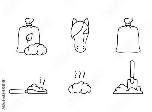 Horse dung. Linear icons set of bag, scoop, shovel, pile. Black simple illustration of organic manure, plant fertilizer for agriculture, farming. Contour isolated vector pictogram on white background