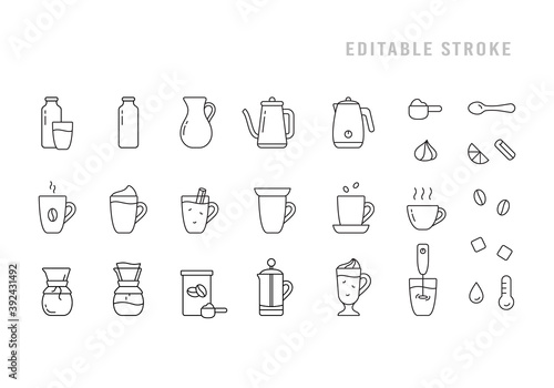 Coffee or tea icons set. Pictograms for preparation of hot homemade drink. Milk, cream, cup, teapot, kettle, glass, french press, whipper. Black linear editable stroke emblem. Contour isolated vector