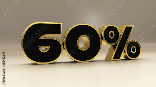 60 percent 3d gold and black luxury text isolated on white, 3d render illustration