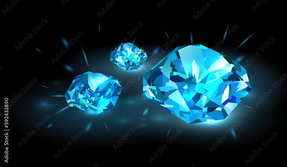 Fototapeta premium Three beautiful bright blue diamonds on a black background. Vector illustration.
