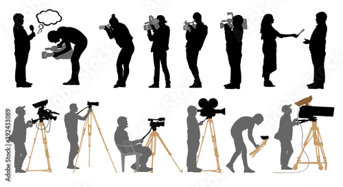 Set of professional people with video cameras and photo cameras. Silhouettes are separated. Vector illustration.