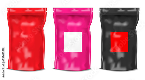 Vacuum stand up pouch with zip lock and blank label sticker. Gusseted bag package with zipper. Color set. Easy to recolor. Vector template for design
