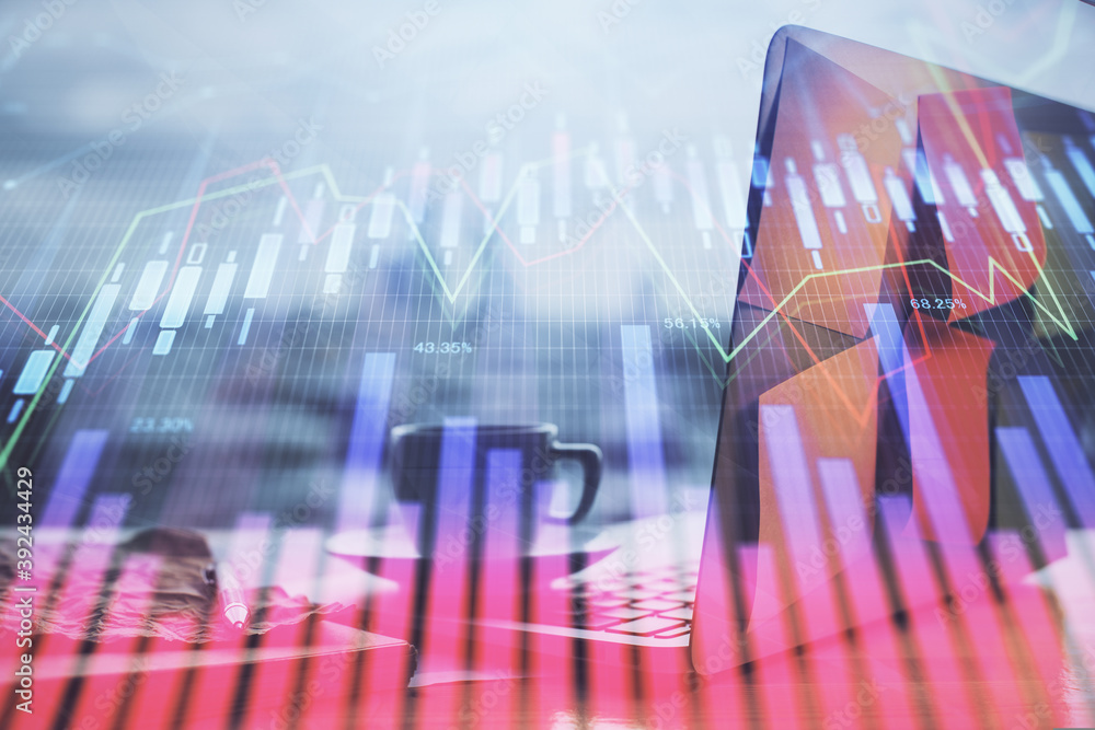 Stock market graph on background with desk and personal computer. Multi exposure. Concept of financial analysis. Stock market graph on background with desk and personal computer. Multi exposure. Concept of financial analysis.
