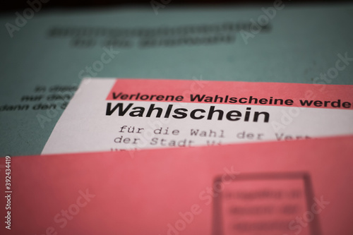 Viersen, Germany - August 9. 2020: Closeup of postal ballot papers for german local political elections