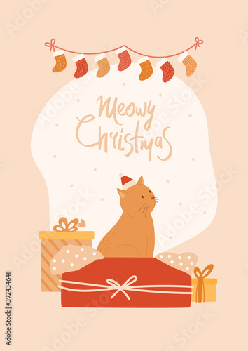 Cute New Year card with cat in Santa Claus hat sitting in open gift box with wrapping paper. Garland with Christmas socks and lettering. Greeting card, poster, banner with a funny animal.