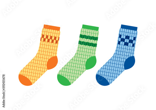 Socks with pattern knit icon set vector. Colored wool knitted socks icon set isolated on a white background. Warm winter socks clip art