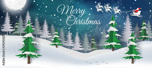 card or banner on Merry Christmas in white on a blue background with aurora borealis, snowflakes Santa's sleigh and a snowy hill with fir trees