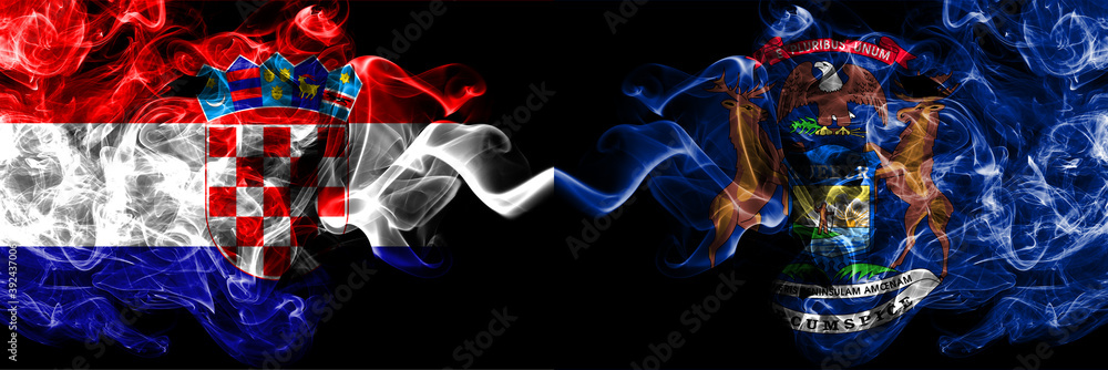 Croatia, Croatian vs United States of America, America, US, USA, American, Michigan smoky mystic flags placed side by side. Thick colored silky abstract smoke flags. Croatia, Croatian vs United States of America, America, US, USA, American, Michigan smoky mystic flags placed side by side. Thick colored silky abstract smoke flags.