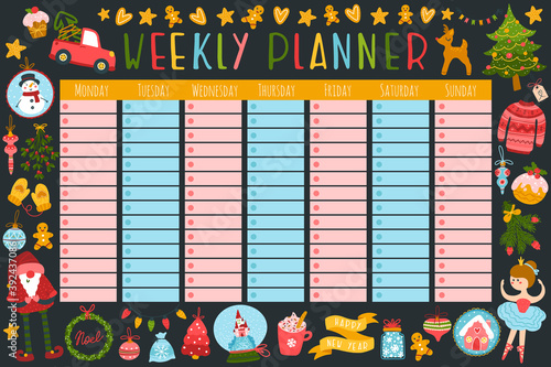 Christmas weekly planner with cute characters and holiday items. Fashionable vector illustration in childish hand-drawn style. Limited palette ideal for printing.