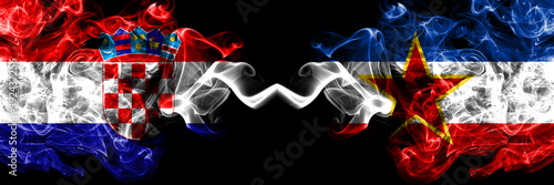 Quadro su tela Croatia, Croatian vs Yugoslavia, Yugoslavian smoky mystic flags placed side by side