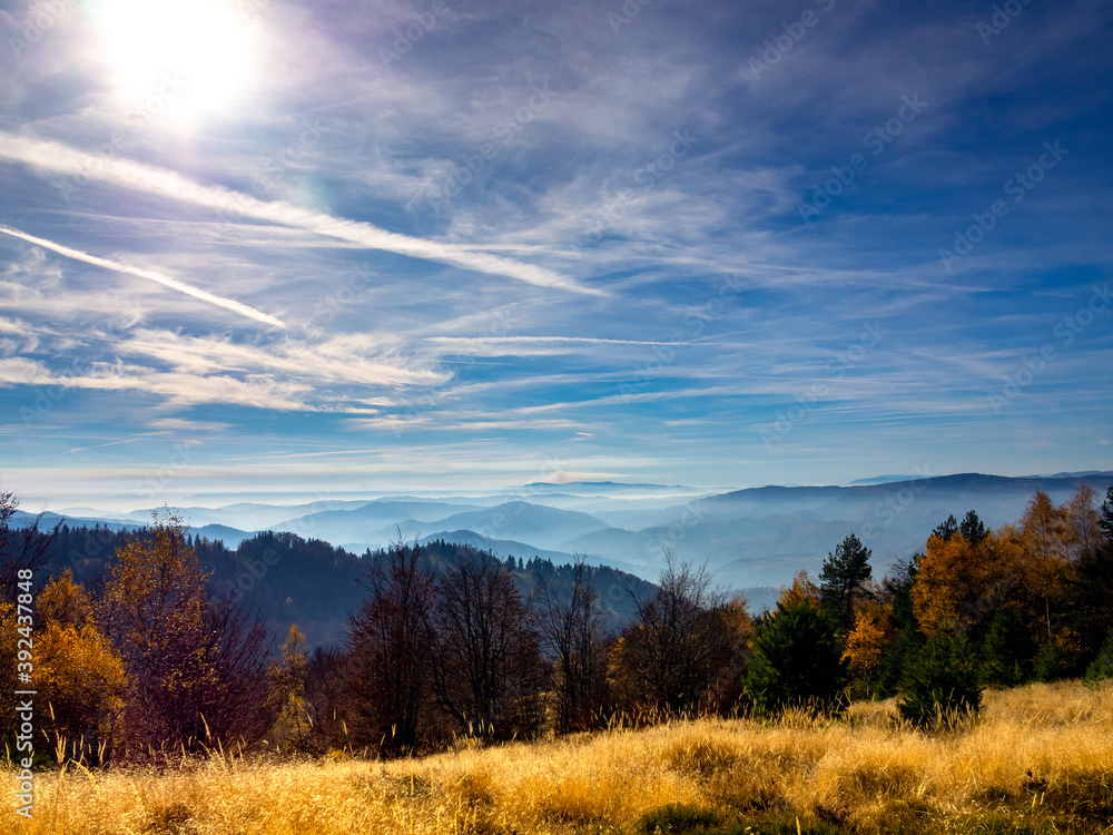 Beskid Sadecki Mountains in autumn near village Rytro, Poland.