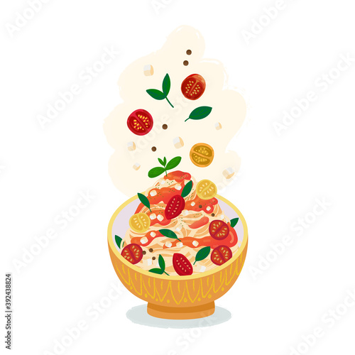 Pasta or spaghetti  dish isolated on white. Fettuccine pasta with tomato filling and cheese toppings in a folk deep yellow  in Mediterranean style. Flying food elements. Vector illustration.