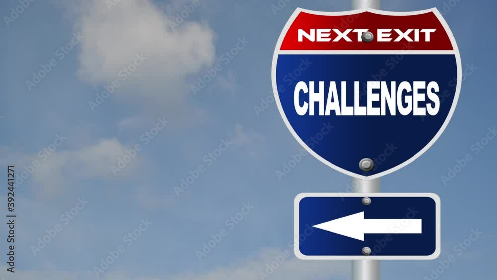 Challenges road sign with time-lapse cloud background Challenges road sign with time-lapse cloud background