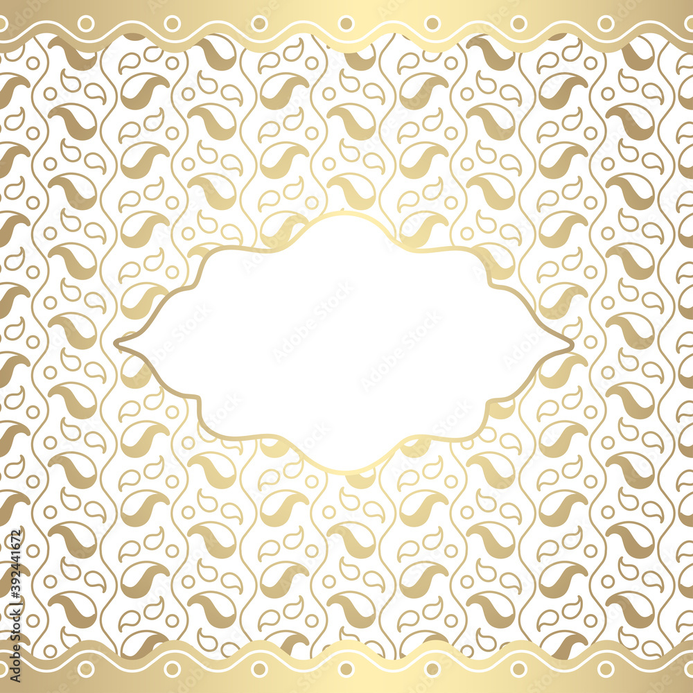 Floral tropical card or invitation with empty frame for text in oriental style. Luxury banner in gold and white Floral tropical card or invitation with empty frame for text in oriental style. Luxury banner in gold and white