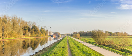 Panorama of the dike along the Winschoterdiep canal in Groningen, Netherlands