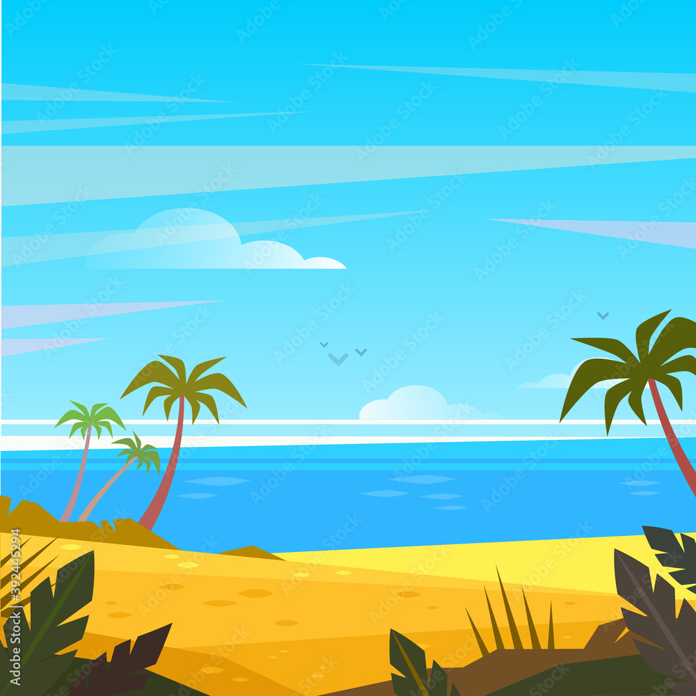 Summertime on the beach. Palms and plants around. Summer vacation on sea coast. Flat vector illustration