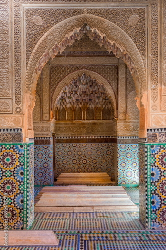 Interior of Saadian Tombs, arches and walls decorated with colored mosaics. Travel and art concept. Marrakech, Morocco