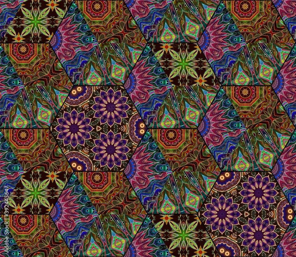 Seamless patchwork pattern with beautiful ethnic ornament. Print for fabric, wallpaper, gift paper, tapestry, ceramic tiles.