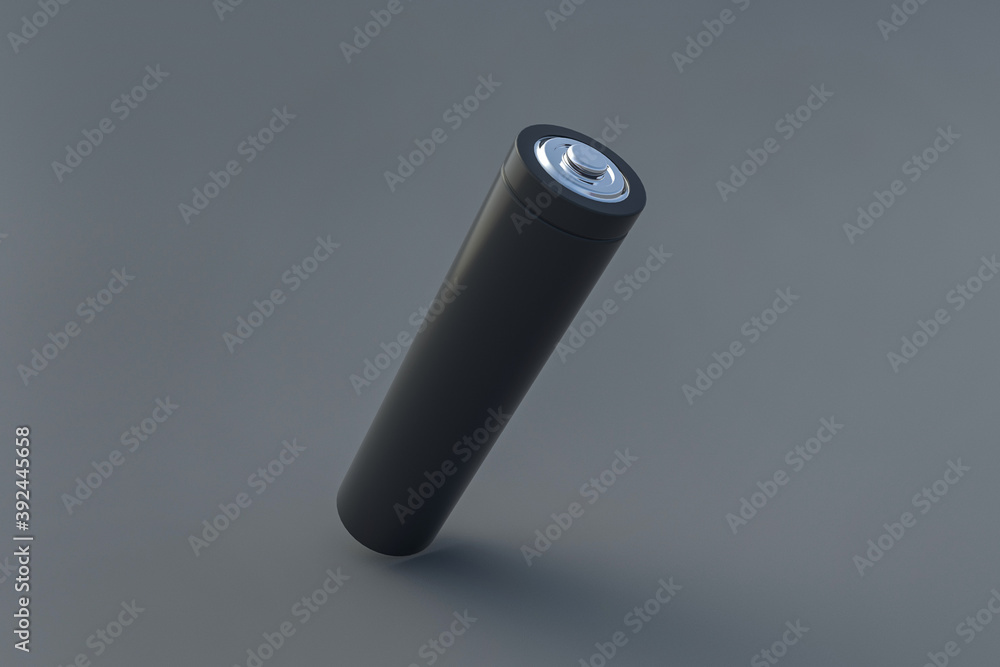 One black blank battery aa or aaa size on gray background. Concept of alternative fuel and saving ecology. 3d rendering